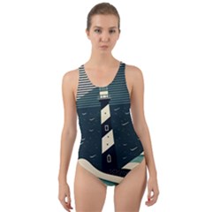 Lighthouse Abstract Ocean Sea Waves Water Blue Cut-out Back One Piece Swimsuit by Pakemis