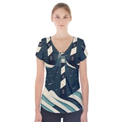 Lighthouse Abstract Ocean Sea Waves Water Blue Short Sleeve Front Detail Top by Pakemis