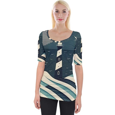 Lighthouse Abstract Ocean Sea Waves Water Blue Wide Neckline Tee by Pakemis