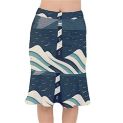 Lighthouse Abstract Ocean Sea Waves Water Blue Short Mermaid Skirt by Pakemis