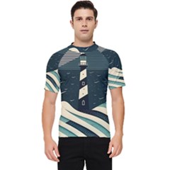 Lighthouse Abstract Ocean Sea Waves Water Blue Men s Short Sleeve Rash Guard by Pakemis