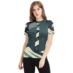 Lighthouse Abstract Ocean Sea Waves Water Blue Women s Short Sleeve Rash Guard by Pakemis