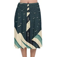 Lighthouse Abstract Ocean Sea Waves Water Blue Velvet Flared Midi Skirt by Pakemis