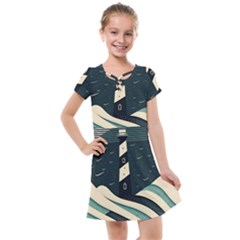 Lighthouse Abstract Ocean Sea Waves Water Blue Kids  Cross Web Dress by Pakemis