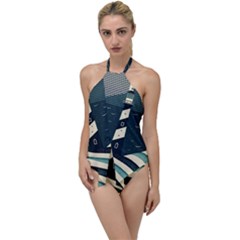 Lighthouse Abstract Ocean Sea Waves Water Blue Go With The Flow One Piece Swimsuit by Pakemis