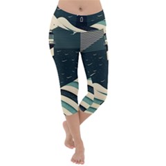 Lighthouse Abstract Ocean Sea Waves Water Blue Lightweight Velour Capri Yoga Leggings by Pakemis