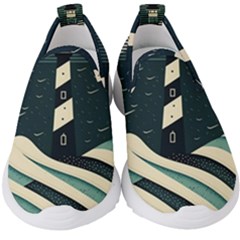 Lighthouse Abstract Ocean Sea Waves Water Blue Kids  Slip On Sneakers by Pakemis