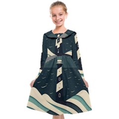 Lighthouse Abstract Ocean Sea Waves Water Blue Kids  Midi Sailor Dress by Pakemis