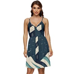 Lighthouse Abstract Ocean Sea Waves Water Blue V-neck Pocket Summer Dress  by Pakemis