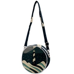 Lighthouse Abstract Ocean Sea Waves Water Blue Crossbody Circle Bag by Pakemis