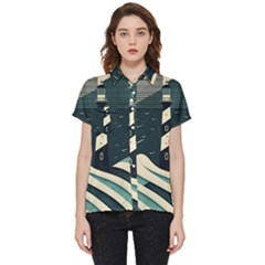 Lighthouse Abstract Ocean Sea Waves Water Blue Short Sleeve Pocket Shirt by Pakemis