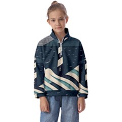 Lighthouse Abstract Ocean Sea Waves Water Blue Kids  Half Zip Hoodie by Pakemis