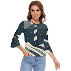 Lighthouse Abstract Ocean Sea Waves Water Blue Bell Sleeve Top