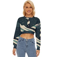 Lighthouse Abstract Ocean Sea Waves Water Blue Lightweight Long Sleeve Sweatshirt by Pakemis