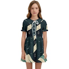 Lighthouse Abstract Ocean Sea Waves Water Blue Kids  Sweet Collar Dress by Pakemis