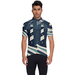 Lighthouse Abstract Ocean Sea Waves Water Blue Men s Short Sleeve Cycling Jersey by Pakemis