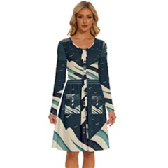 Lighthouse Abstract Ocean Sea Waves Water Blue Long Sleeve Dress With Pocket by Pakemis