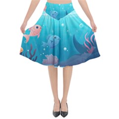 Ai Generated Ocean Sea Fish Aquatic Water Nature 4 Flared Midi Skirt by Pakemis