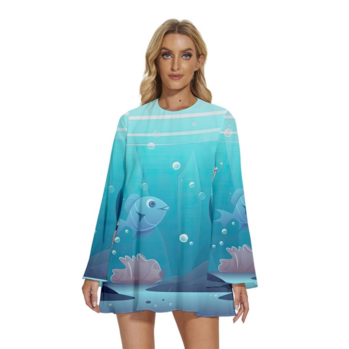 Ai Generated Ocean Sea Fish Aquatic Water Nature 4 Round Neck Long Sleeve Bohemian Style Chiffon Mini Dress