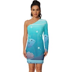 Ai Generated Ocean Sea Fish Aquatic Water Nature 4 Long Sleeve One Shoulder Mini Dress by Pakemis