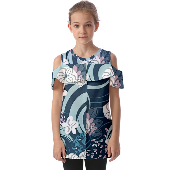 Flowers Pattern Floral Ocean Abstract Digital Art Fold Over Open Sleeve Top