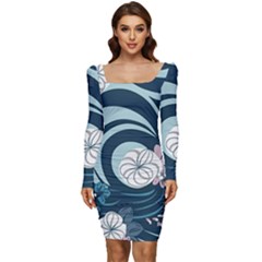 Flowers Pattern Floral Ocean Abstract Digital Art Women Long Sleeve Ruched Stretch Jersey Dress by Pakemis