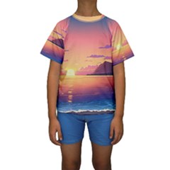 Sunset Ocean Beach Water Tropical Island Vacation 3 Kids  Short Sleeve Swimwear by Pakemis