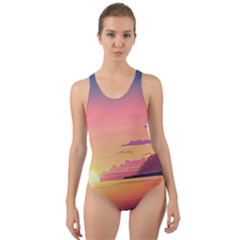 Sunset Ocean Beach Water Tropical Island Vacation 3 Cut-out Back One Piece Swimsuit by Pakemis