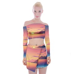 Sunset Ocean Beach Water Tropical Island Vacation 3 Off Shoulder Top With Mini Skirt Set by Pakemis