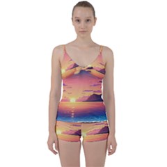 Sunset Ocean Beach Water Tropical Island Vacation 3 Tie Front Two Piece Tankini by Pakemis