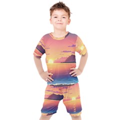 Sunset Ocean Beach Water Tropical Island Vacation 3 Kids  Tee And Shorts Set by Pakemis