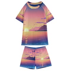 Sunset Ocean Beach Water Tropical Island Vacation 3 Kids  Swim Tee And Shorts Set by Pakemis