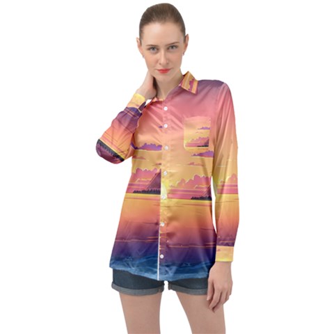 Sunset Ocean Beach Water Tropical Island Vacation 3 Long Sleeve Satin Shirt by Pakemis