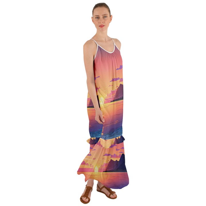 Sunset Ocean Beach Water Tropical Island Vacation 3 Cami Maxi Ruffle Chiffon Dress