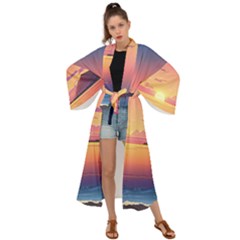 Sunset Ocean Beach Water Tropical Island Vacation 3 Maxi Kimono by Pakemis