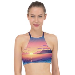 Sunset Ocean Beach Water Tropical Island Vacation 3 Racer Front Bikini Top by Pakemis