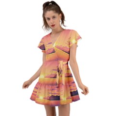 Sunset Ocean Beach Water Tropical Island Vacation 3 Flutter Sleeve Wrap Dress by Pakemis