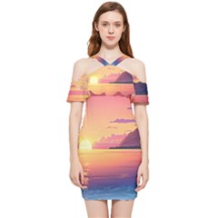 Sunset Ocean Beach Water Tropical Island Vacation 3 Shoulder Frill Bodycon Summer Dress by Pakemis