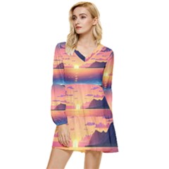 Sunset Ocean Beach Water Tropical Island Vacation 3 Tiered Long Sleeve Mini Dress by Pakemis