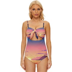 Sunset Ocean Beach Water Tropical Island Vacation 3 Knot Front One-piece Swimsuit