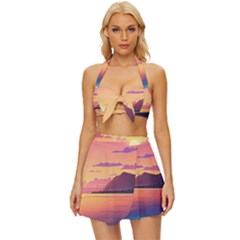 Sunset Ocean Beach Water Tropical Island Vacation 3 Vintage Style Bikini Top And Skirt Set  by Pakemis