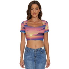 Sunset Ocean Beach Water Tropical Island Vacation 3 Short Sleeve Square Neckline Crop Top 