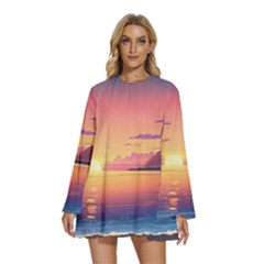 Sunset Ocean Beach Water Tropical Island Vacation 3 Round Neck Long Sleeve Bohemian Style Chiffon Mini Dress by Pakemis