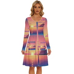 Sunset Ocean Beach Water Tropical Island Vacation 3 Long Sleeve Dress With Pocket by Pakemis