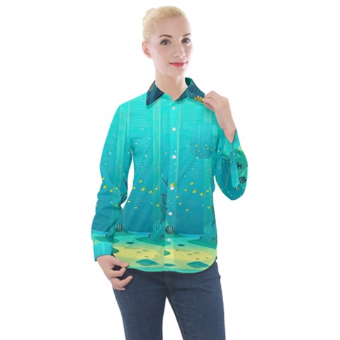 Intro Youtube Background Wallpaper Aquatic Water Women s Long Sleeve Pocket Shirt by Pakemis