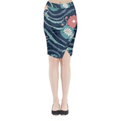 Waves Flowers Pattern Water Floral Minimalist Midi Wrap Pencil Skirt by Pakemis