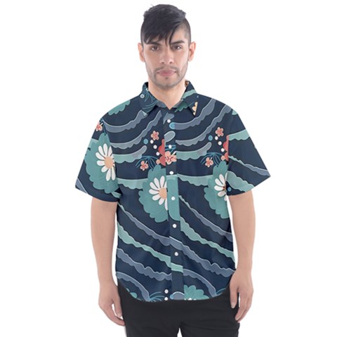 Waves Flowers Pattern Water Floral Minimalist Men s Short Sleeve Shirt by Pakemis