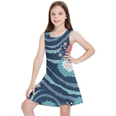 Waves Flowers Pattern Water Floral Minimalist Kids  Lightweight Sleeveless Dress by Pakemis