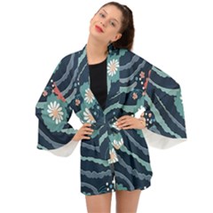 Waves Flowers Pattern Water Floral Minimalist Long Sleeve Kimono by Pakemis