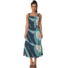 Waves Flowers Pattern Water Floral Minimalist Square Neckline Tiered Midi Dress by Pakemis